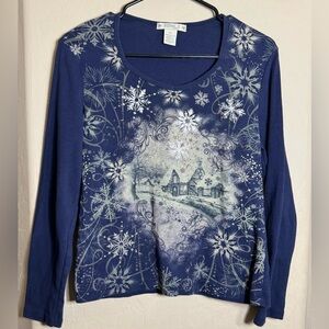 Suzee T Petite PL Blue Winter Village Snowflake Top Long Sleeve Cotton Shirt